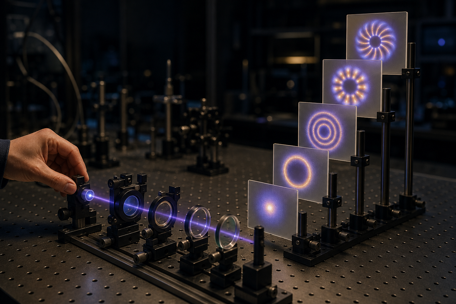 Quantum optics bench with a beam passing through several elements and producing increasingly rich spatial patterns on ascending screens