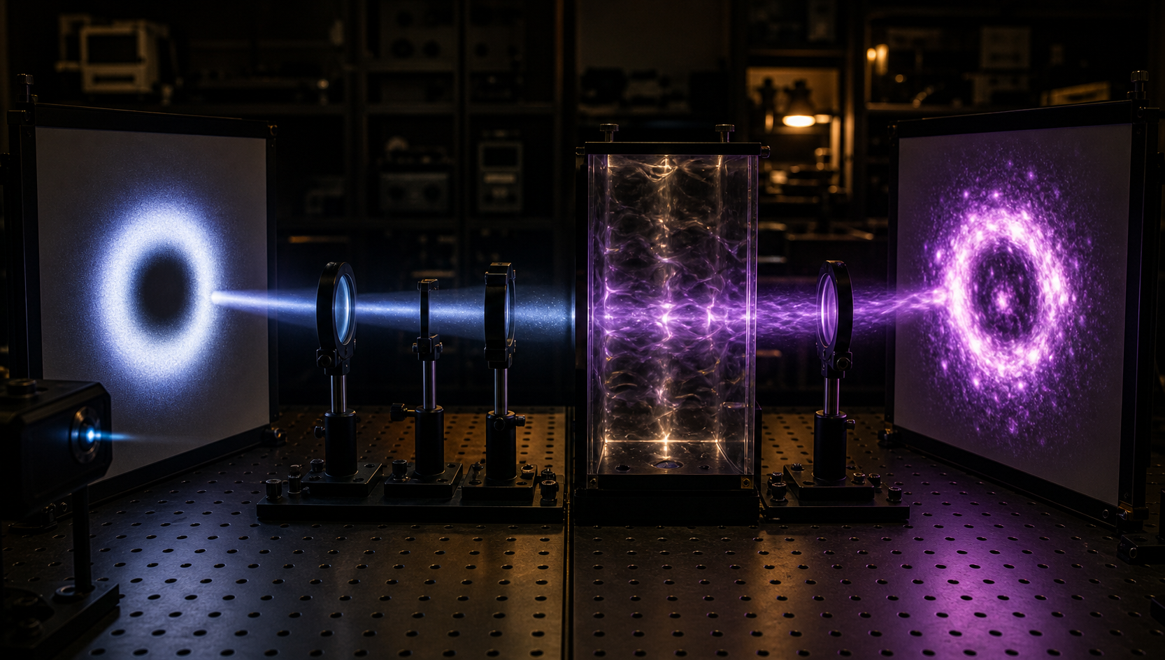 Optics laboratory comparison showing a clean donut beam before turbulent air and a distorted speckled donut afterward